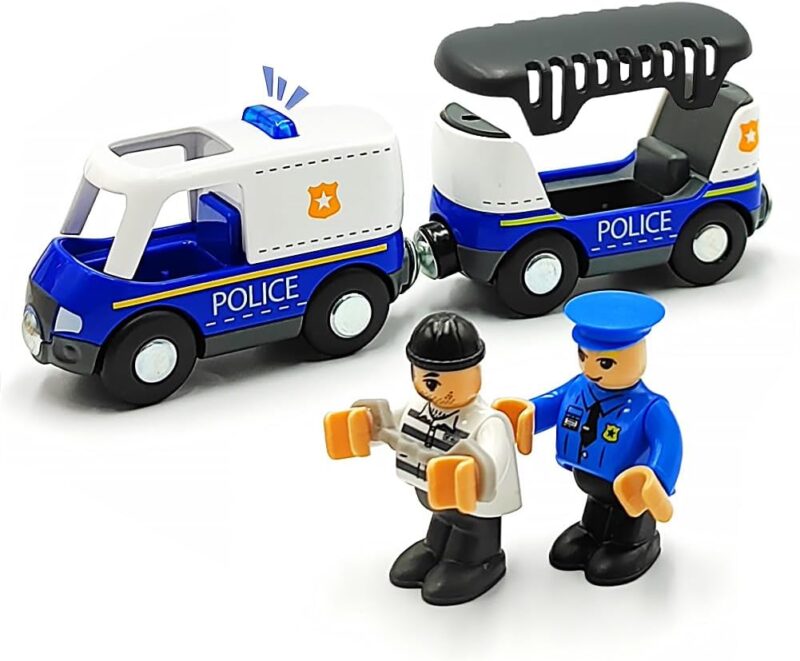 Magnetic Trains Cars Playset Wooden Train Track Accessories Station Wagon Train Set for Toddlers 3-5 Wooden Train Sets for Boys Ages 3-4-7 (Police Car B (with Light and Sound)) - Image 2