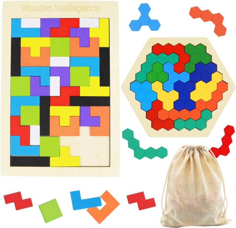 2 Pack Wooden Russian Blocks Puzzle + Hexagon Puzzles for Kids & Adults, Wooden Block Puzzle Intelligence Brain Teasers Toy Logic Game  Educational Gift for Children