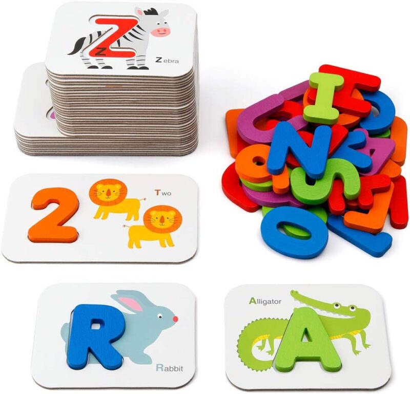 Numbers and Alphabets Flash Cards Set -  Wooden Letters and Numbers Animal Pattern Board Matching Puzzle Game Montessori Educational Learning Toys Gift for Preschool Kids Age 3 4 5 Years