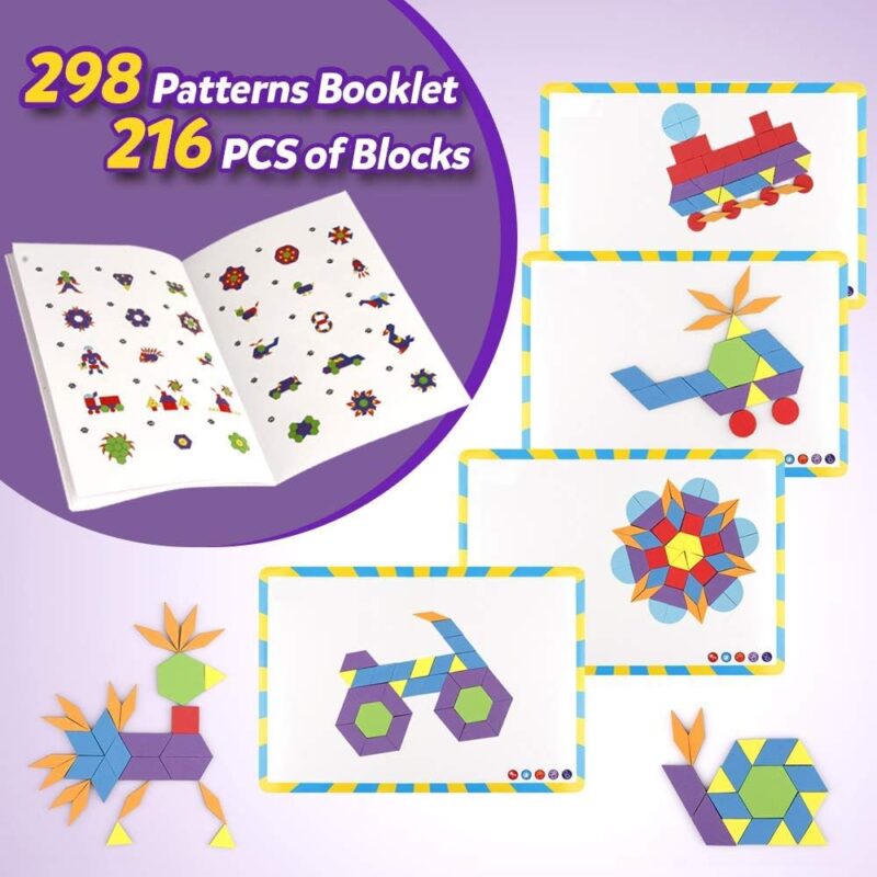 216PCS Magnetic Pattern Blocks Set Complete with 298 Pattern Book Magnet Board Magnetic Ss for Kids Educational Montessori Tangram Toy for Children Aged 3 8 Portable Travel Game - Image 2