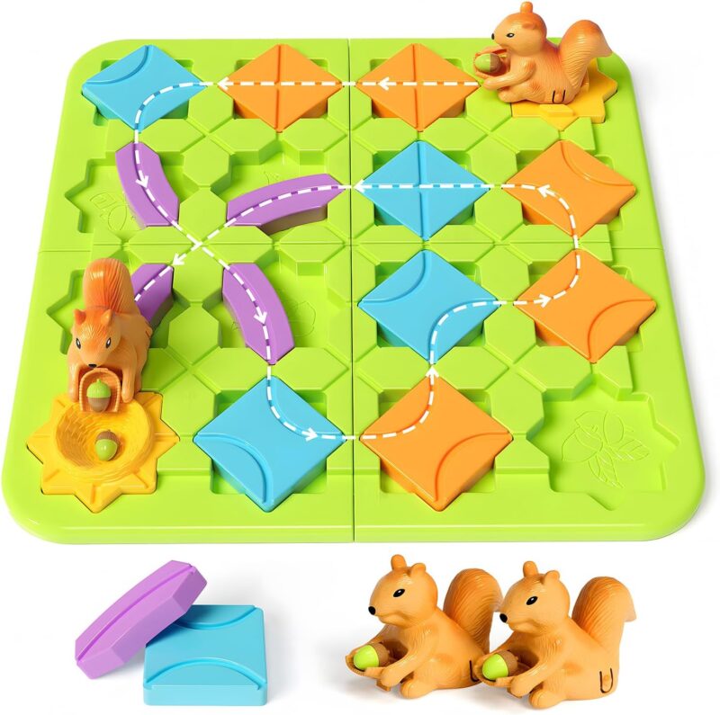 Board Games Kids Toys, Maze Brain Teaser Puzzles Learning Games for Kids Ages 4-8 118 Challenges 5 Difficulty Levels Squirrel Logic Track Building Blocks, Educational Montessori Birthday Gifts