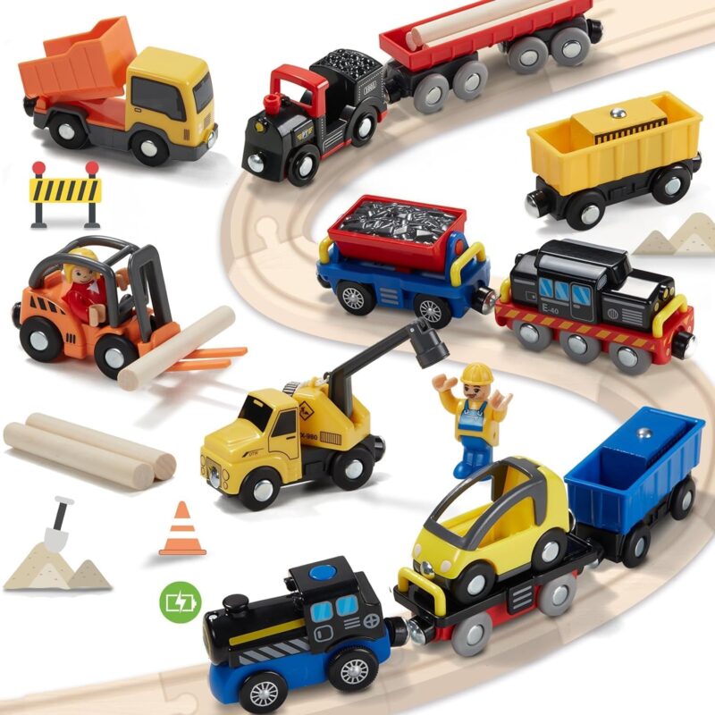 12Pcs Vehicles Battery Operated Train Car Set, Magnetic Mini Construction Set for Wooden Train Track, Bulk Car Toys for Toddlers Boys Girls Kids 3 4 5, Fits for Most Brands