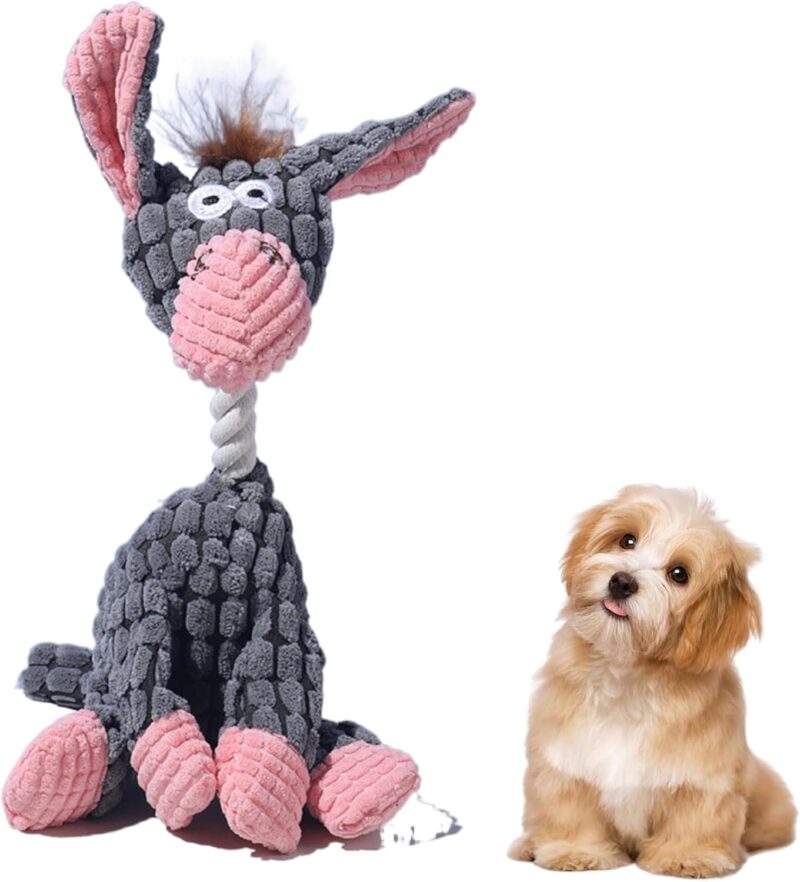 Squeaky Plush Dog Toys for Puppy, Interactive Durable Stuffed Animal Plush Chew Toys with Squeakers for Small Medium Large Breed, Mellow Calming Chew Toys for Teething (Grey Donkey)