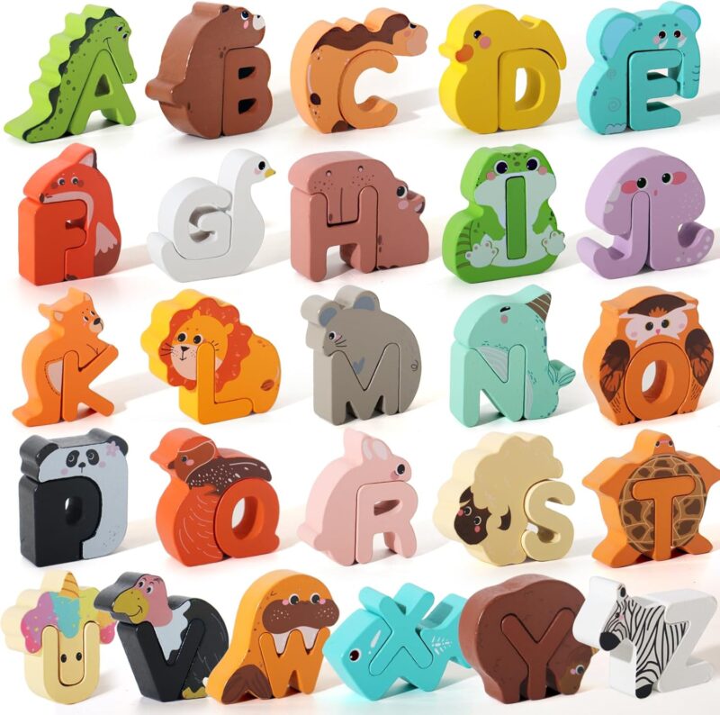 52 Pieces Matching Game, Wooden Alphabet Animal Puzzles for Toddlers,  Peg Puzzles for Kids Ages 3-5, Preschool Learning Activities Toys