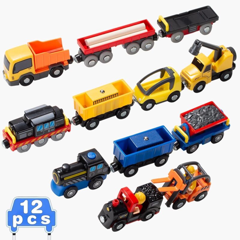 12Pcs Vehicles Battery Operated Train Car Set, Magnetic Mini Construction Set for Wooden Train Track, Bulk Car Toys for Toddlers Boys Girls Kids 3 4 5, Fits for Most Brands - Image 2