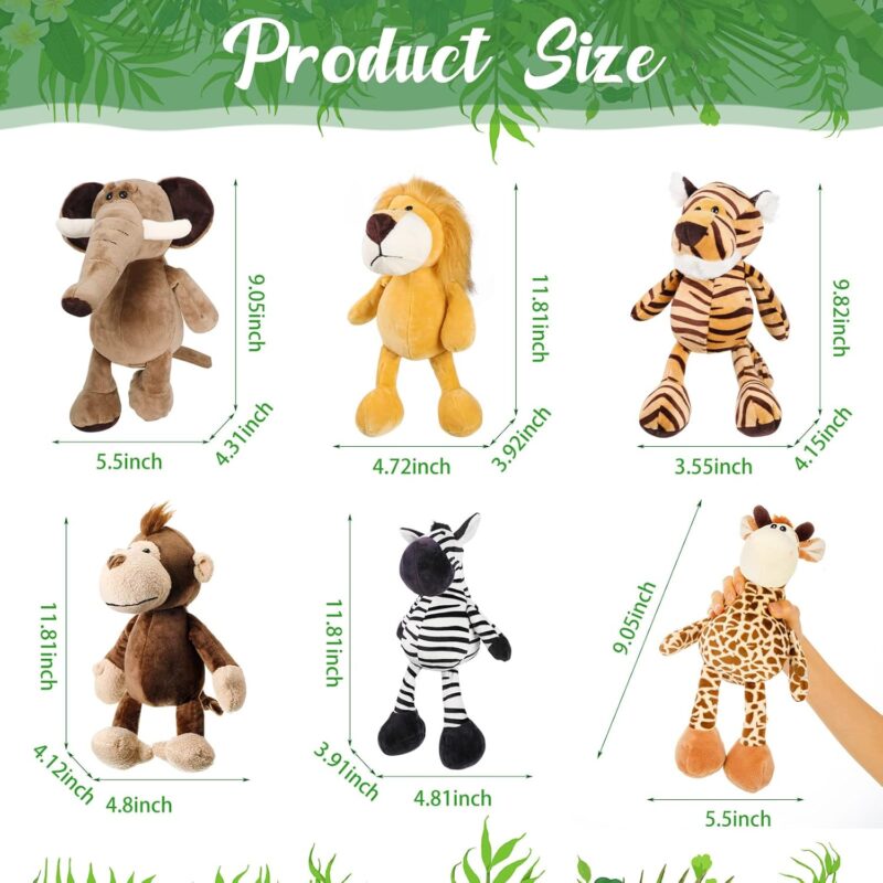 6 Pieces Safari Stuffed Animals Plush Jungle Animal Toys Set for Boys Girls, Lion Elephant Zebra Giraffe Tiger Monkey for Animal Themed Parties Student Award Christmas (Cute Style) - Image 2