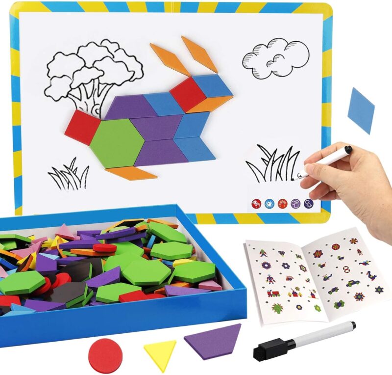 216PCS Magnetic Pattern Blocks Set Complete with 298 Pattern Book Magnet Board Magnetic Ss for Kids Educational Montessori Tangram Toy for Children Aged 3 8 Portable Travel Game