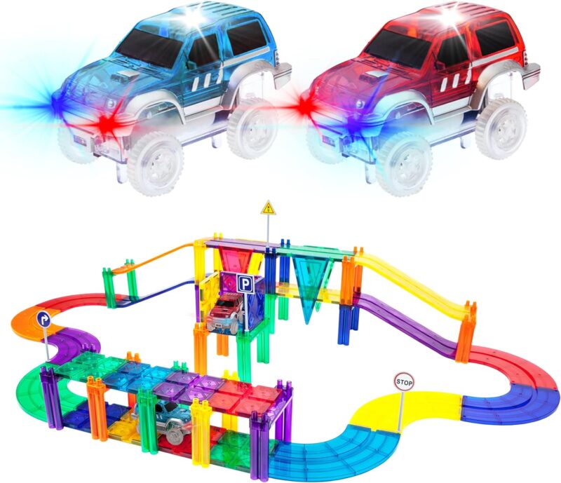 50pc Racecar Track Magnetic Tiles Educational Kids Toy with 2 Light Up Trucks  Preschool Learning Magnet Tile Toddler Toys Boys Girls Ages 3+ Blocks Game Puzzles Build Playset