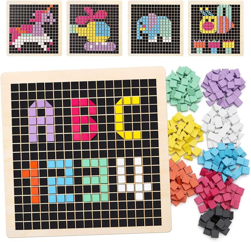 Wooden Mosaic Puzzle, 370PCS S Pattern Blocks with 8 Colors, Pixel Board Game Montessori  Toys Gift for Kids Toddlers Boys Girls Ages 4 5 6 7 Years Old