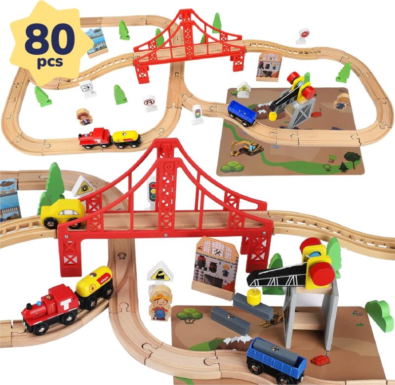 Wooden Train Set 80pcs with Magnetic Crane, Wooden Train Tracks Toys for Toddlers Boys Girls 3 4 5, 3 Year Old Boy Gift, Wood Toys Toddler Train for Kids 4-8 - Fits