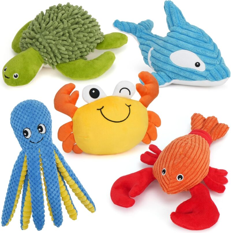 Dog Toys, 5 Pack, Plush Dog Squeaky Toys, Assortment Bundle Ocean Animal Pet Toy for Small Medium Large Dogs, Stuffed Puppy Chew Toy, Doggy Birthday Gift
