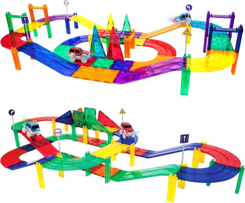 50pc Racecar Track Magnetic Tiles Educational Kids Toy with 2 Light Up Trucks  Preschool Learning Magnet Tile Toddler Toys Boys Girls Ages 3+ Blocks Game Puzzles Build Playset - Image 2