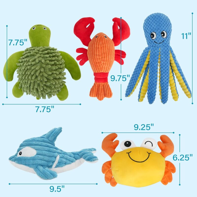 Dog Toys, 5 Pack, Plush Dog Squeaky Toys, Assortment Bundle Ocean Animal Pet Toy for Small Medium Large Dogs, Stuffed Puppy Chew Toy, Doggy Birthday Gift - Image 2