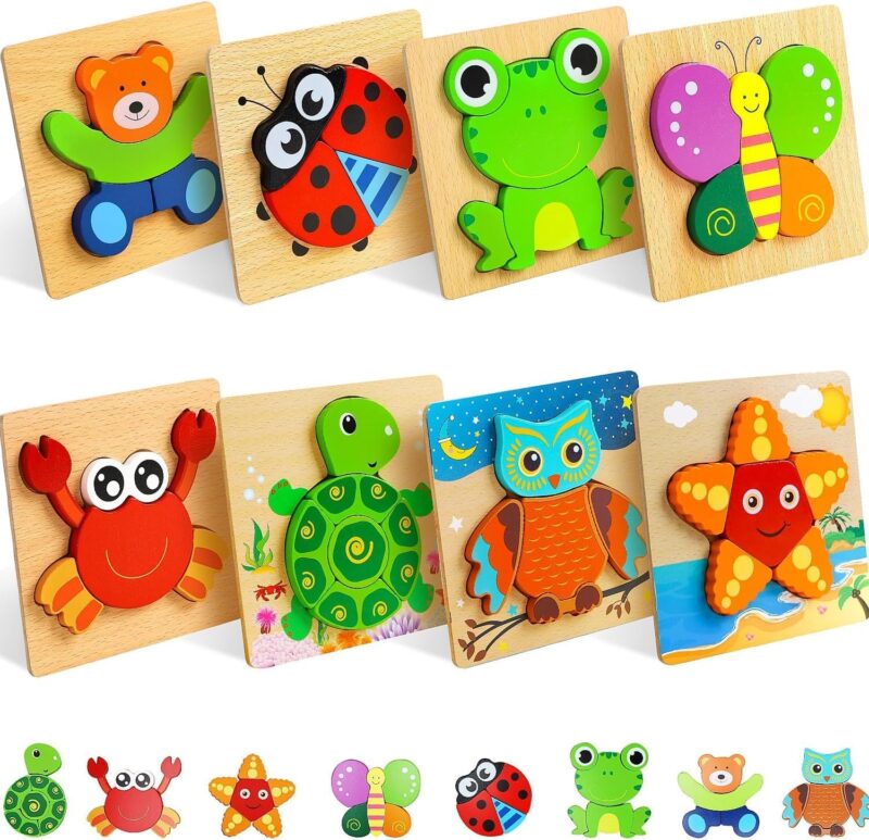 Wooden Puzzles for Toddlers 2-4, 8 Pack Animal Puzzles for Kids Toddler 1-3, Montessori Toys for 1 2 3 Year Old, Educational Toys for Boys Girls Age 2 3 4 5, Baby Learning Toy Gifts