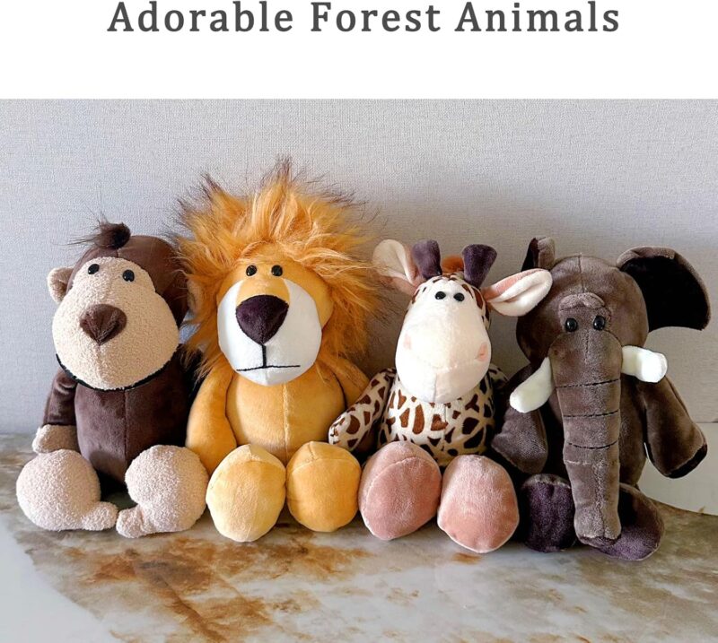 Small Plush Forest Animal Toys Set, 4 Stuffed Safari Animals, Monkey Elephant Giraffe Zebra Tiger Lion (Classic 2) - Image 2