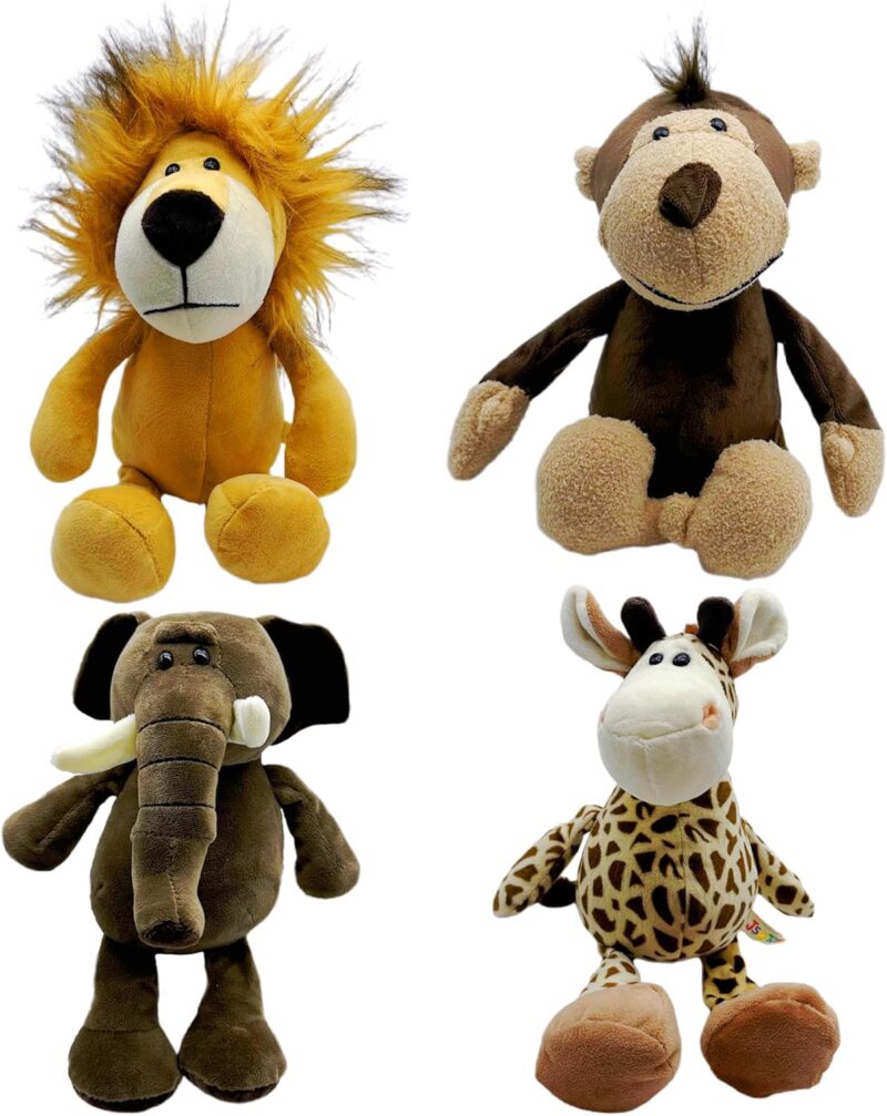 Small Plush Forest Animal Toys Set, 4 Stuffed Safari Animals, Monkey Elephant Giraffe Zebra Tiger Lion (Classic 2)