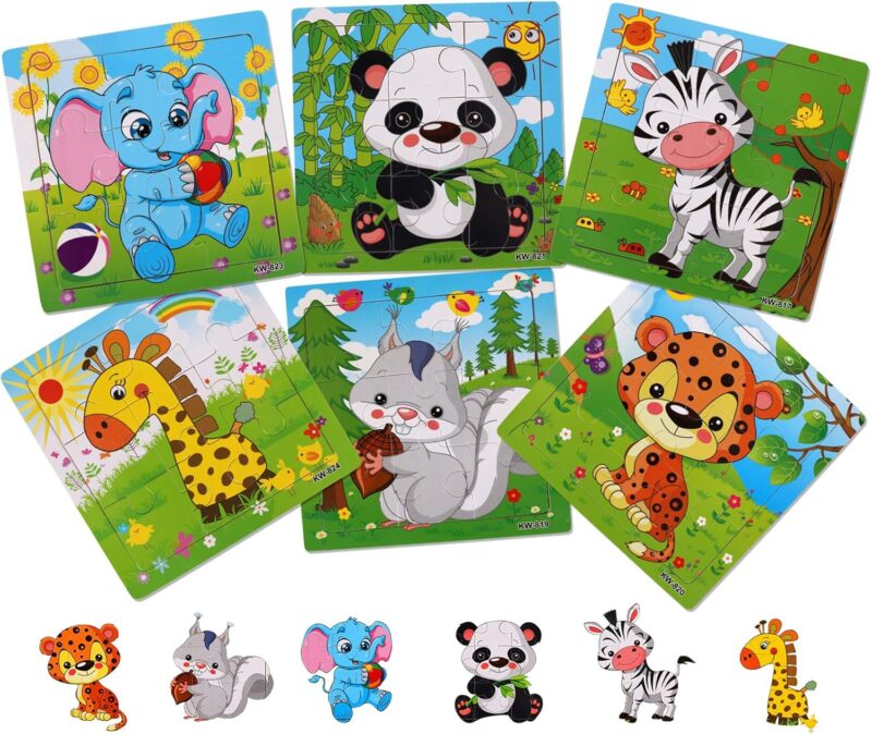 Wooden Puzzles for Toddlers 2-5 Years Old(Set of 6), 9 Pieces Preschool Educational and Learning Animal Jigsaw Puzzle Toy Gift Set for Boys and Girls