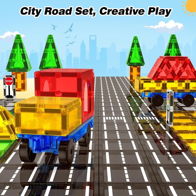 Magnetic Tiles Road Sets with Car, Magnetic Building Blocks Toys for 3+ Year Old Boys Girls, Montessori Magnet Kids Toys, Construction Toys for Ages 3 4 5 6 7 8 Christmas Birthday Gifts for Toddlers - Image 2