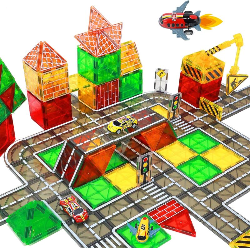 Magnetic Tiles, Magnetic Blocks Road Tiles Set, Magnets Construction Toys for Kids Ages 3-5 4-8 8-12, Toddlers  Preschool Toy Boys Girls Toys with Crane Airplane Car